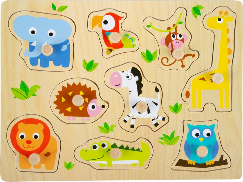 Schönes Setzpuzzle aus Holz mit bunten Tieren aus dem Zoo