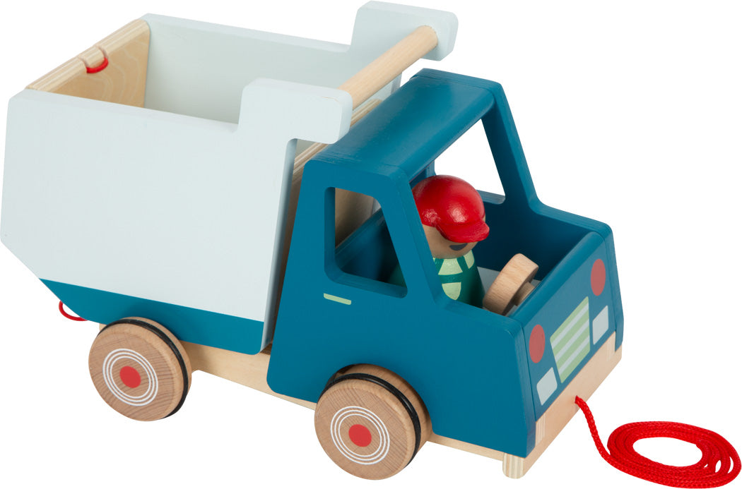 Toller Kipplaster aus Holz zum Nachziehen mit wippendem Fahrer und gummierten Reifen
