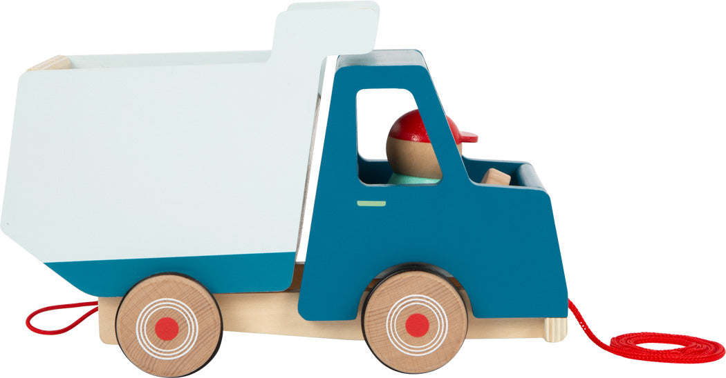 Toller Kipplaster aus Holz zum Nachziehen mit wippendem Fahrer und gummierten Reifen
