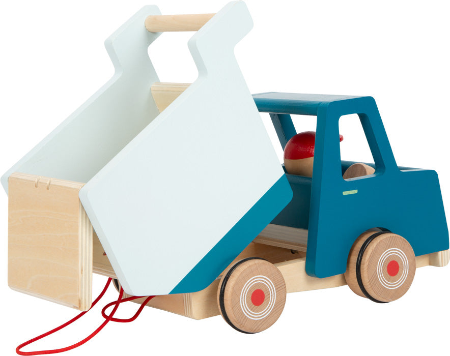 Toller Kipplaster aus Holz zum Nachziehen mit wippendem Fahrer und gummierten Reifen