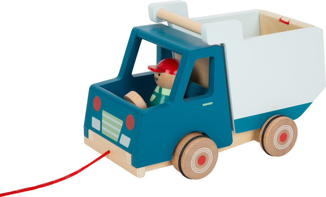 Toller Kipplaster aus Holz zum Nachziehen mit wippendem Fahrer und gummierten Reifen