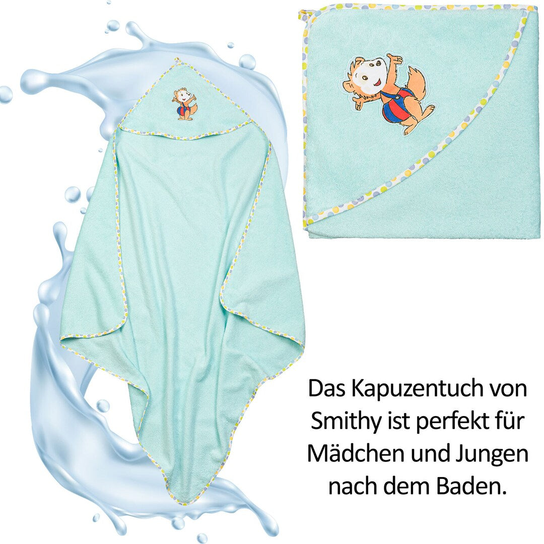 Das schöne und weiche Kapuzenhandtuch mit dem frechen Bobo Siebenschläfer darauf in türkis gefällt Jungs und Mädchen gleichermaßen