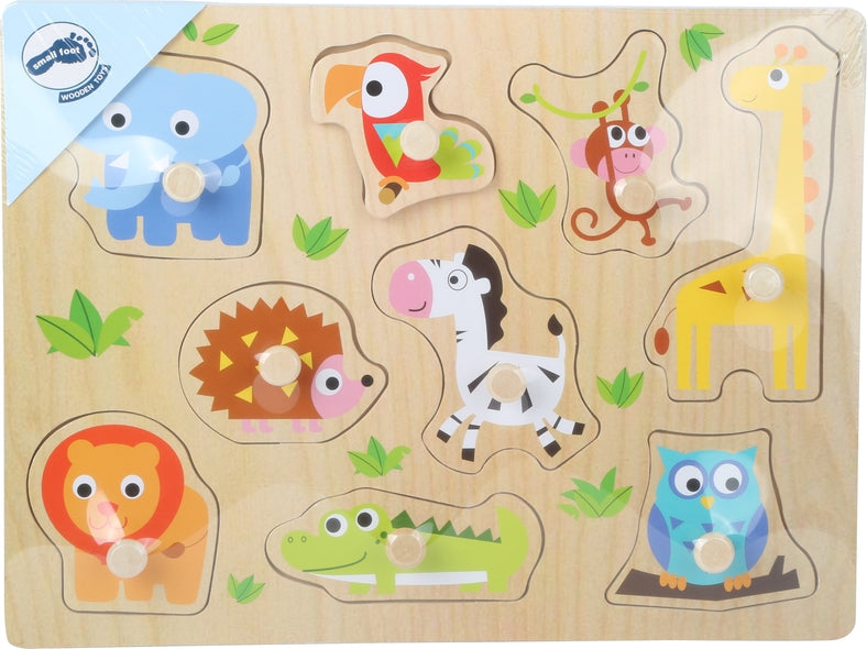 Schönes Setzpuzzle aus Holz mit bunten Tieren aus dem Zoo