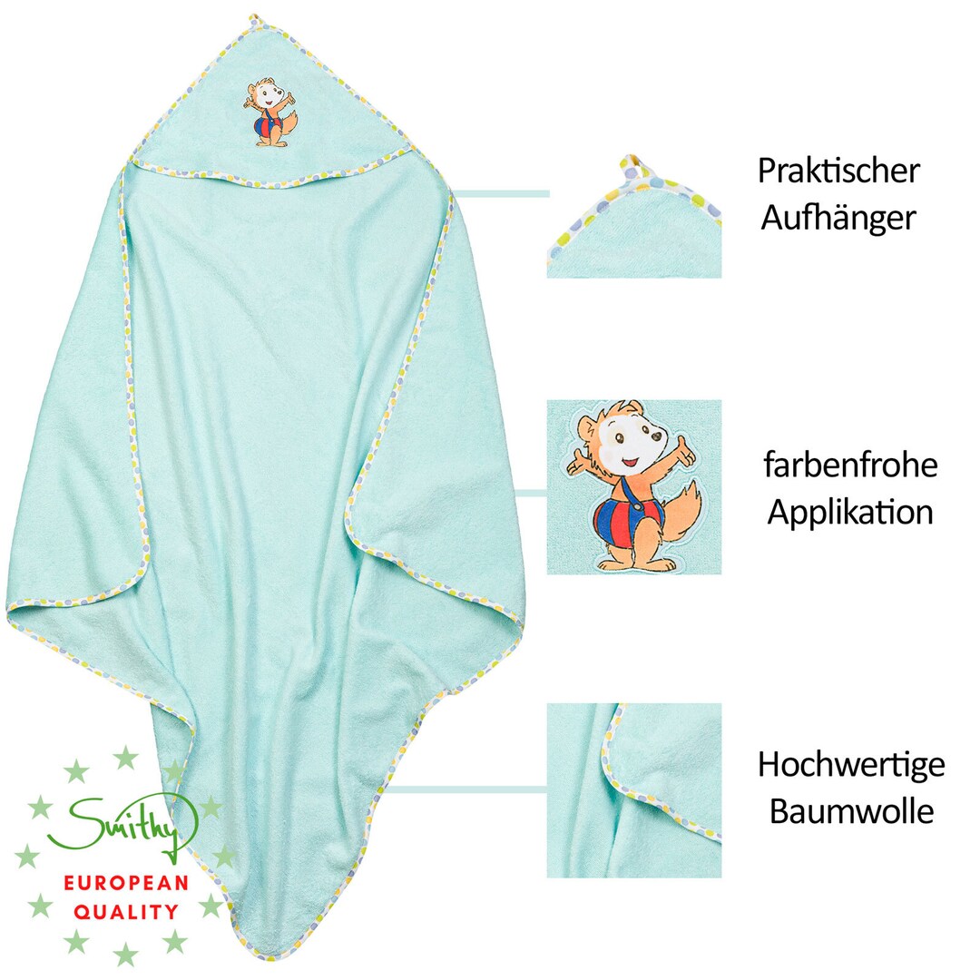 Das schöne und weiche Kapuzenhandtuch mit dem frechen Bobo Siebenschläfer darauf in türkis gefällt Jungs und Mädchen gleichermaßen