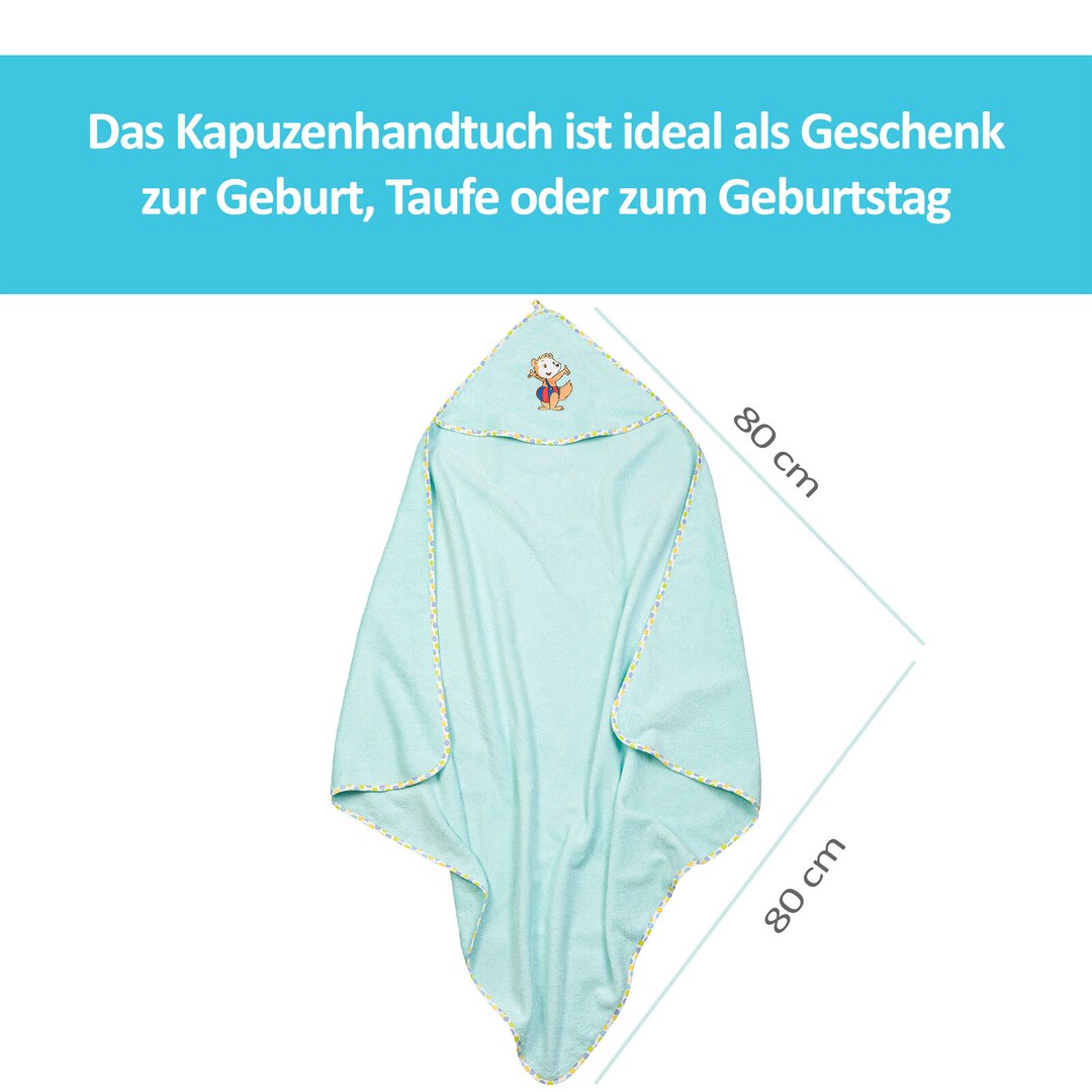 Das schöne und weiche Kapuzenhandtuch mit dem frechen Bobo Siebenschläfer darauf in türkis gefällt Jungs und Mädchen gleichermaßen