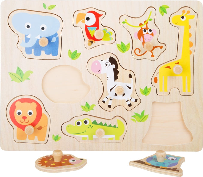 Schönes Setzpuzzle aus Holz mit bunten Tieren aus dem Zoo