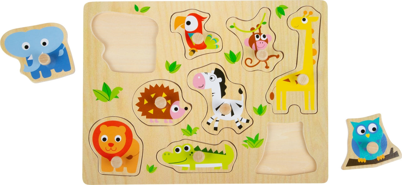 Schönes Setzpuzzle aus Holz mit bunten Tieren aus dem Zoo