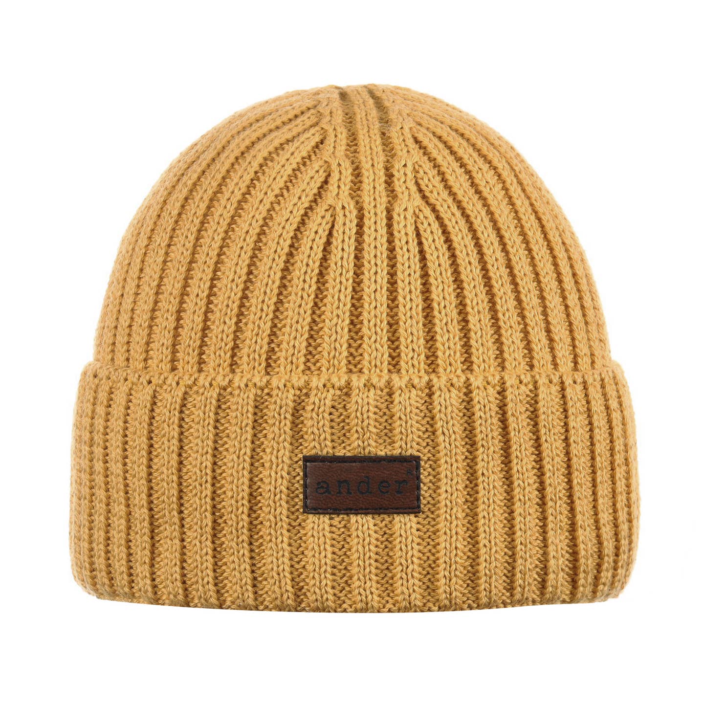 Modische Beanie Mütze aus recycelter Baumwolle in senf