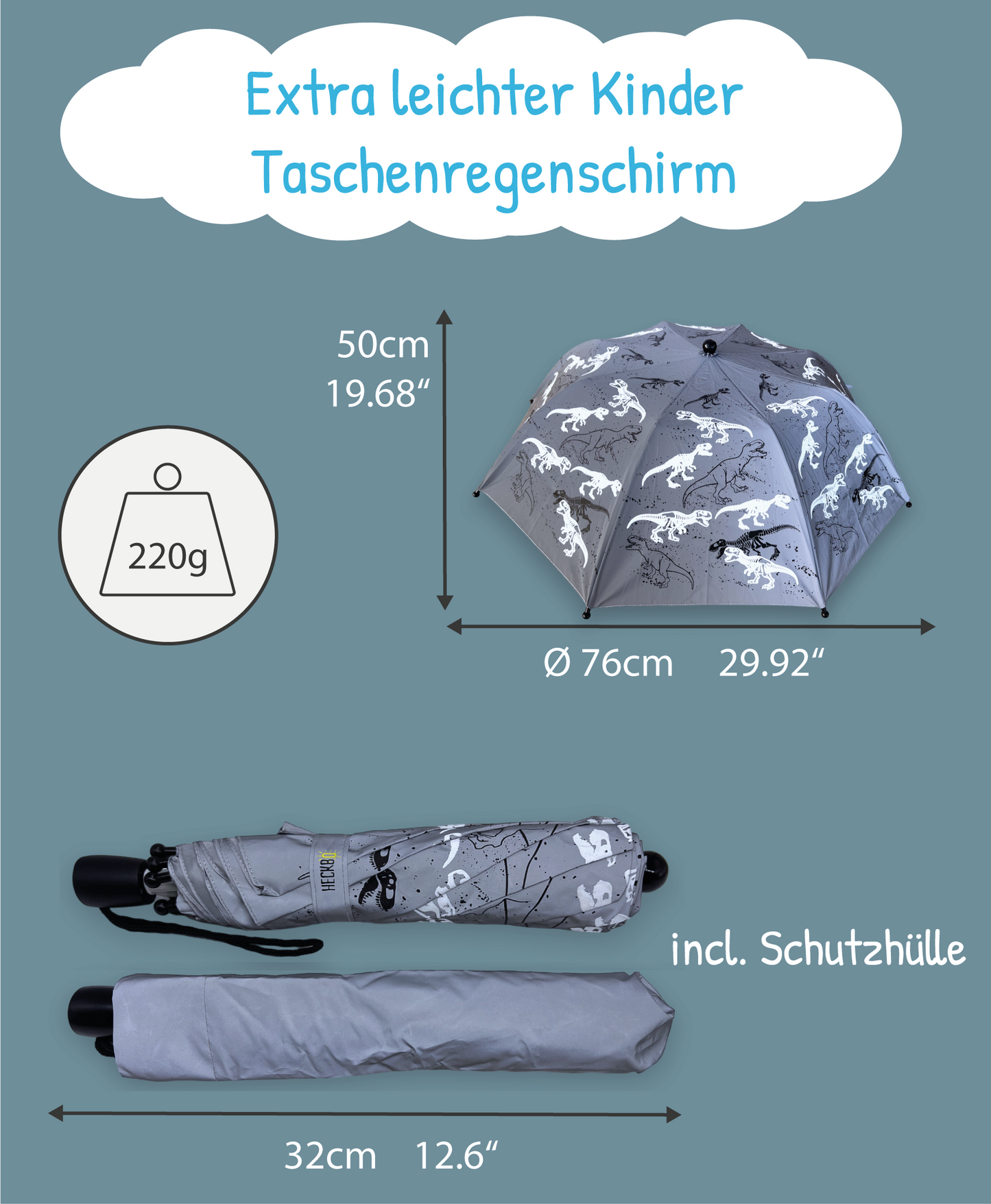 Toller reflektierender Regenschirm mit Farbwechsel für den Rucksack oder die Handtasche. Perfekt für alle Dino-Fans!