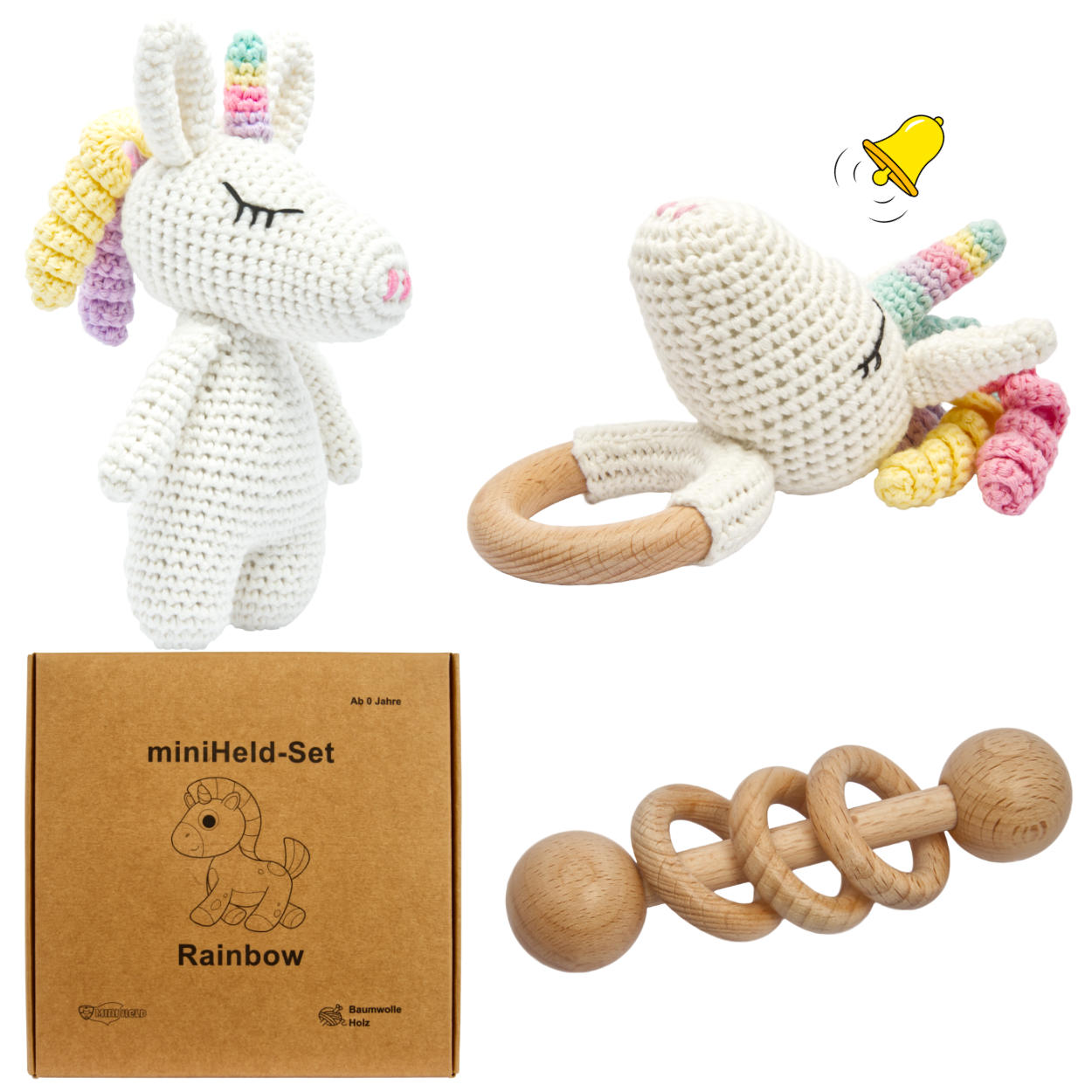 Schönes Geschenkset zur Geburt für alle Einhorn-Fans mit Stofftier, Rassel und Beißring