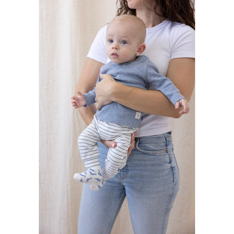 Babyhose aus BIo-Baumwolle sowie das süße Wickelshirt und die passenden Dino-Söckchen