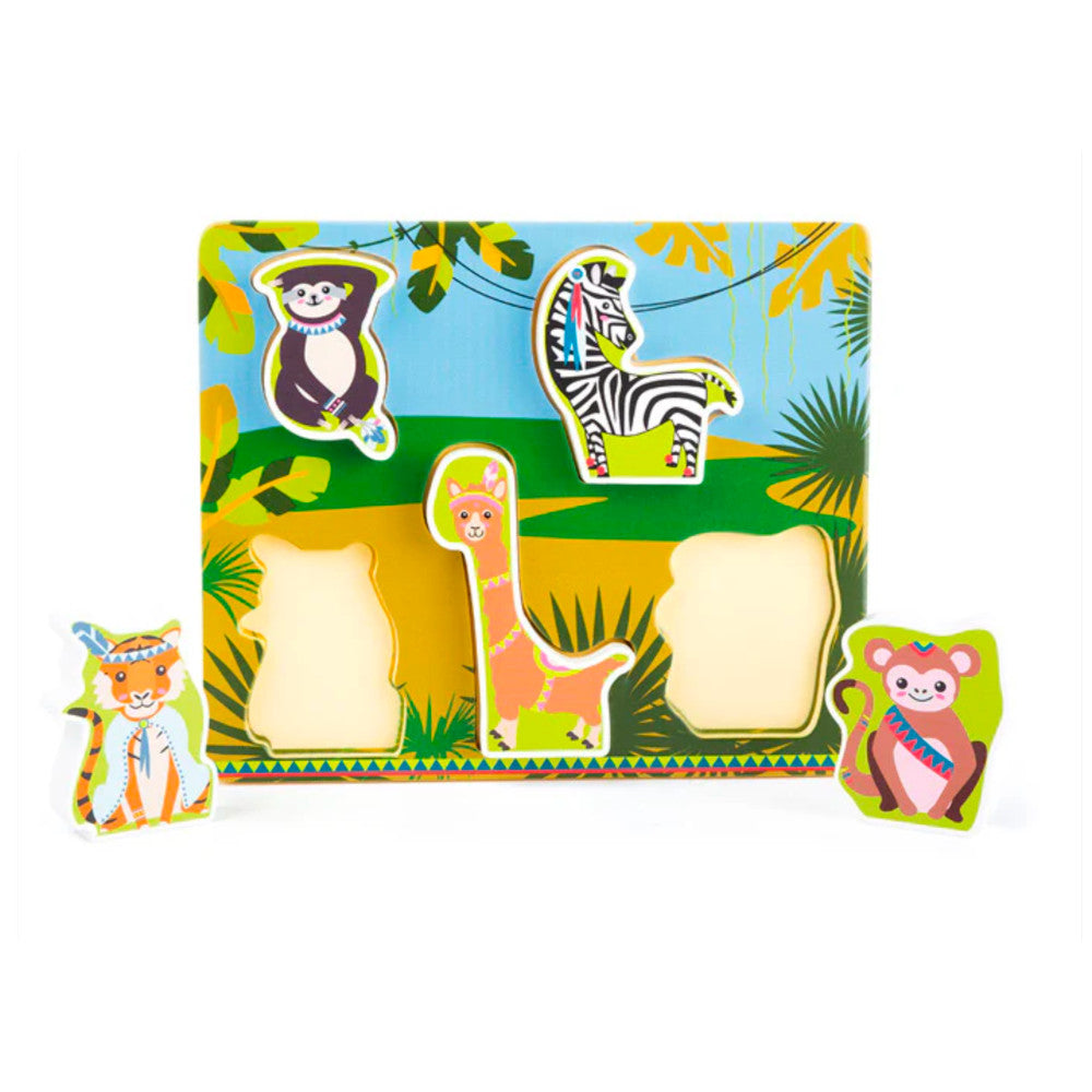 Kleines Puzzle mit süßen Jungeltieren wie Giraffe, Tiger, Zebra, Affe