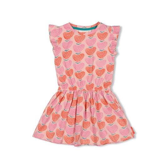 Hübsches Kleid in rosa mit Erdbeer-All Over Druck und Rüschen Ärmeln