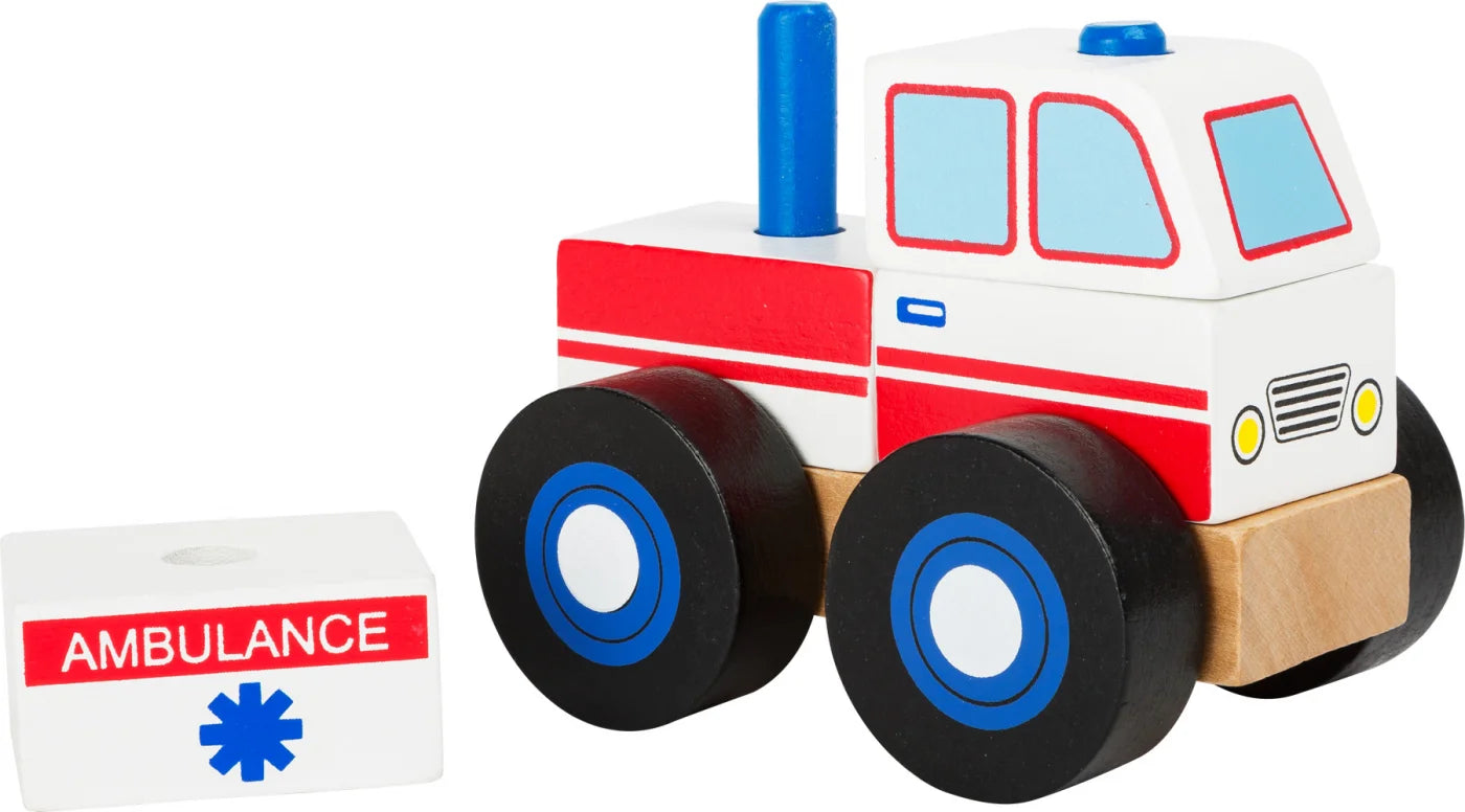 Holzkrankenwagen zum zusammen bauen und fahren in rot weiß
