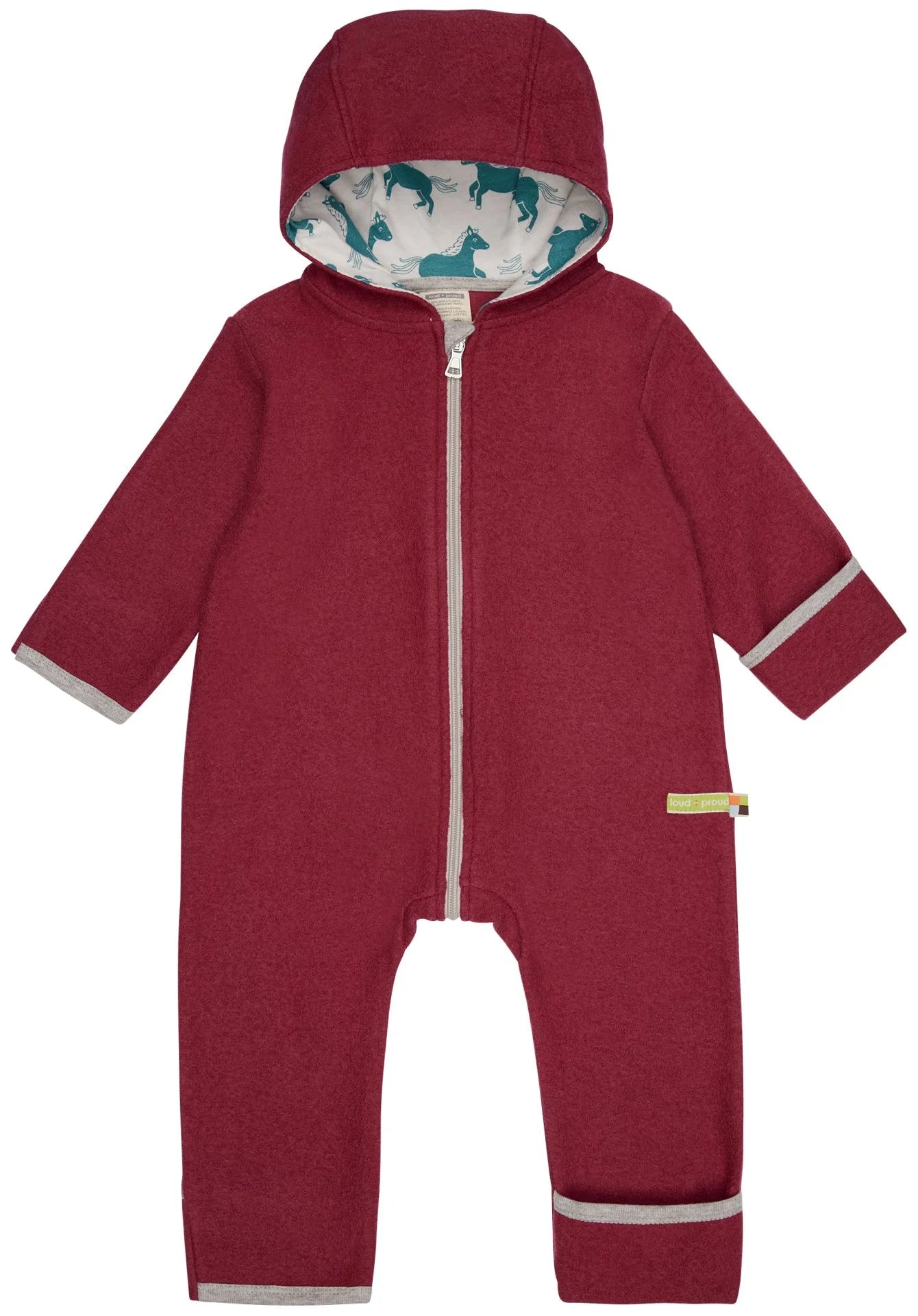 Warmer Wollwalk-Overall in der Farbe Berry mit Umschlag-Ärmeln und -Füßen