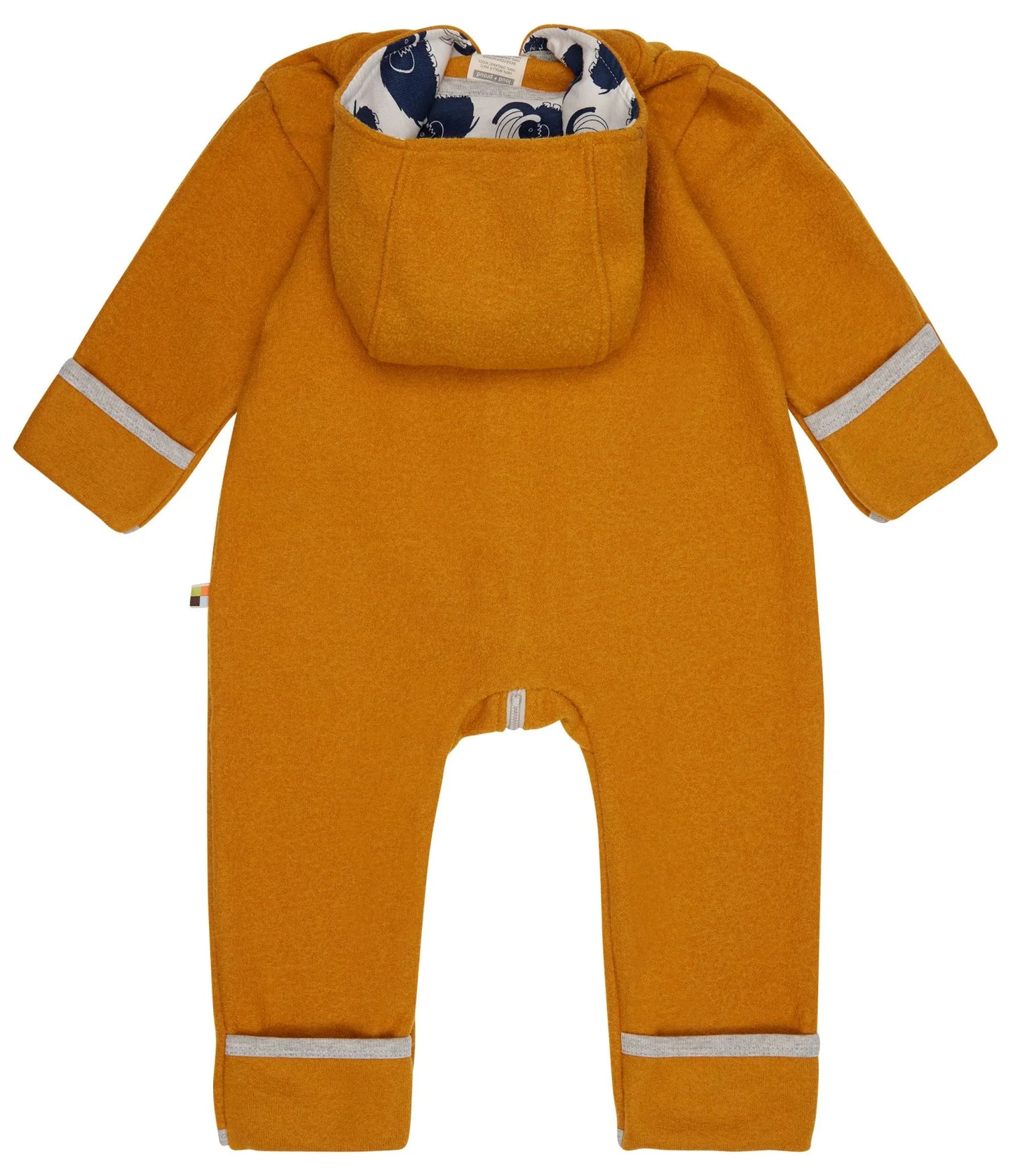 Der schöne Wollwalk-Overall mit Kapuze in der Farbe Curry von hinten