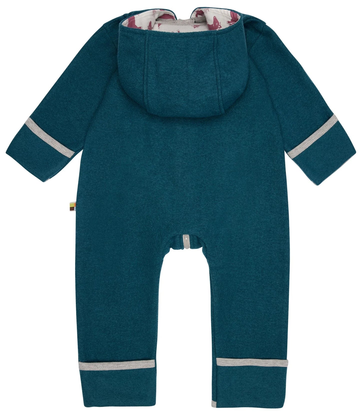 Der schöne Wollwalk-Overall mit Kapuze in der Farbe Petrol von hinten