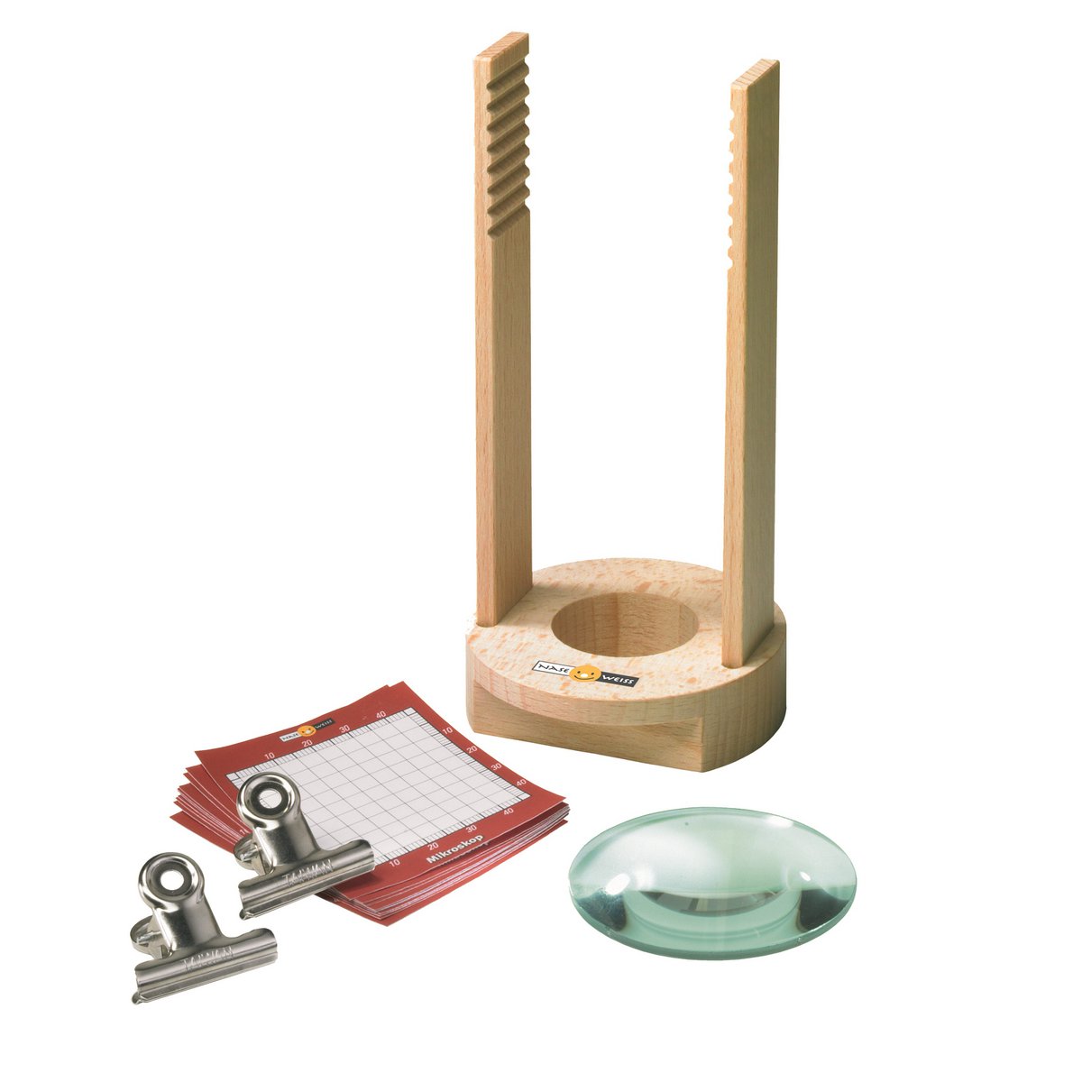 Mikroskop aus Holz mit Glaslinse zum Entdecken von kleinen Schätzen für Kinder