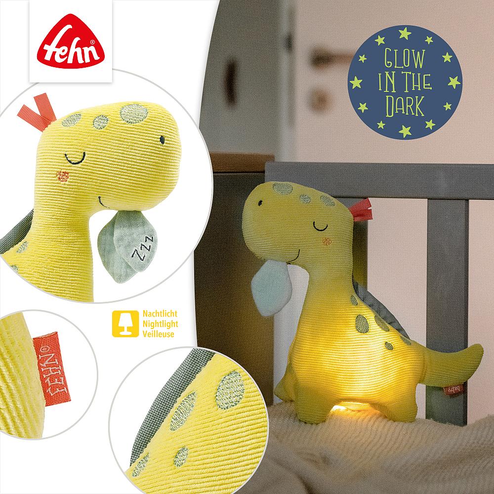 Weiches Dino-Kuscheltier mit Nachtlicht, mit Farbwechsel und Glow-in-the-Dark Bestickung
