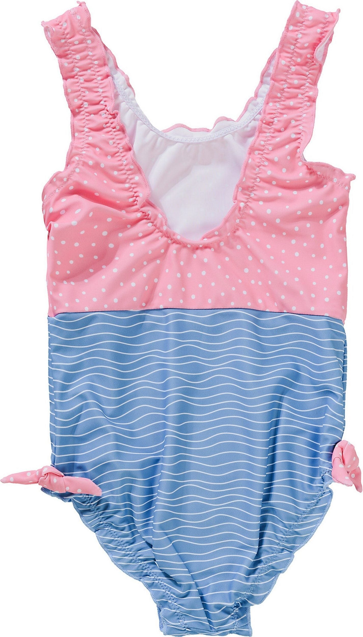 Süßer Badeanzug in rosa und blau mit dem niedlichen Krebs und Schleifen an der Seite