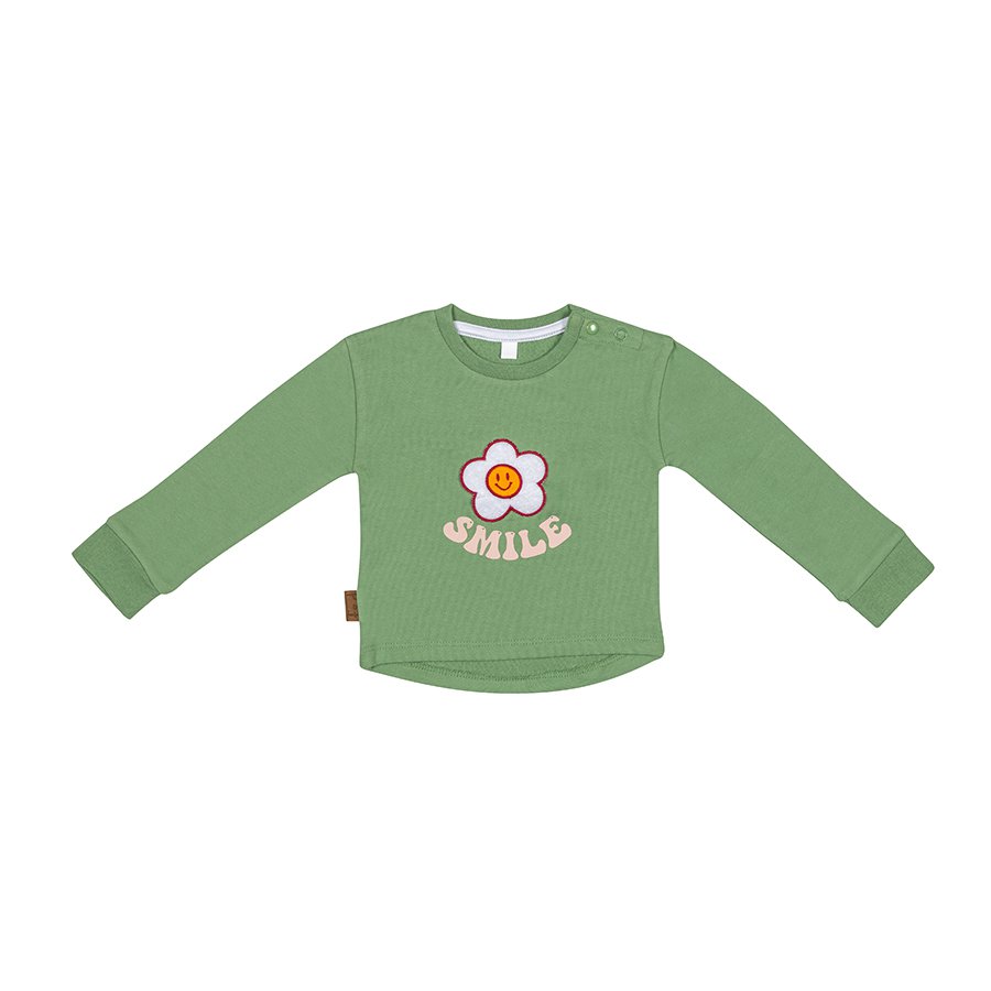 Süßer Sweater mit Schriftzug Smile und Blume in grün