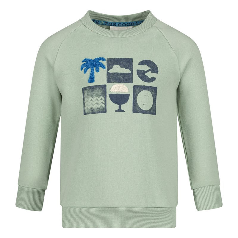 Schöner, weicher Sweater in minz-grün mit Rundhalsausschnitt und flottem sommerlichen Druck, aus Bio-Baumwolle