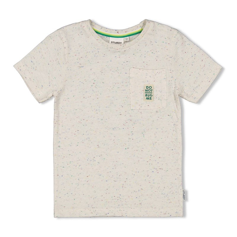 Cooles T-Shirt in offwhite melange mit aufgesetzter Brusttasche und grüner Spirale und Käfer auf der Rückseite