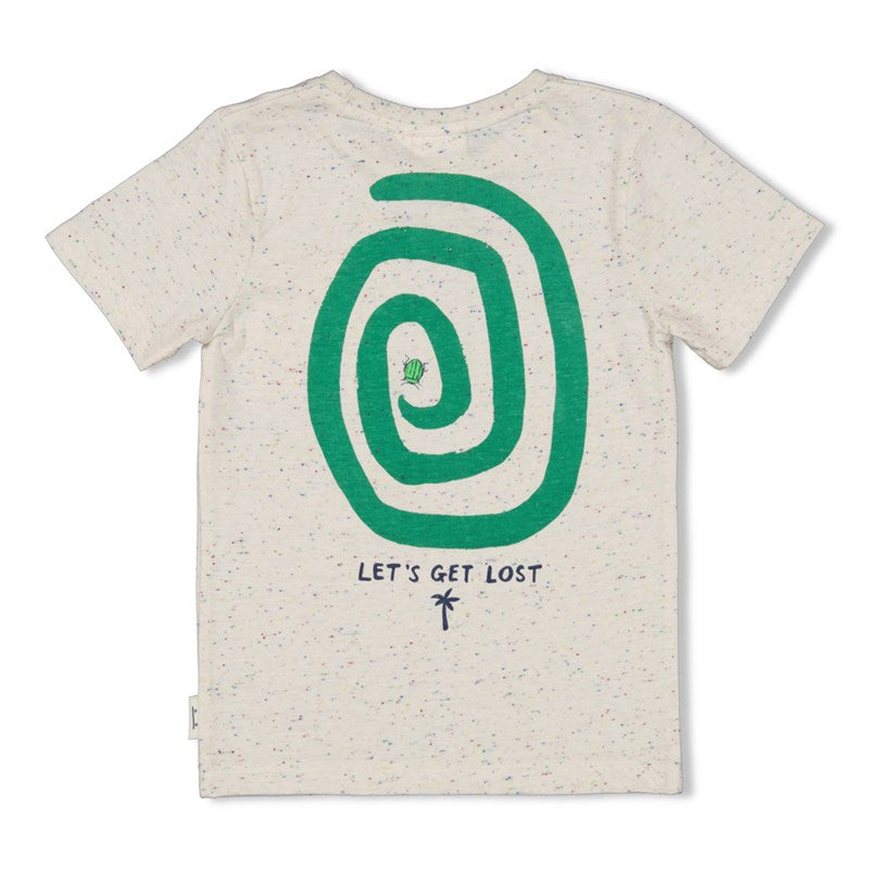 Cooles T-Shirt in offwhite melange mit aufgesetzter Brusttasche und grüner Spirale und Käfer auf der Rückseite
