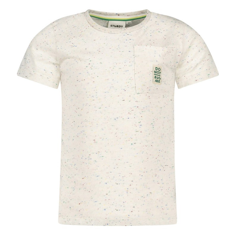 Cooles T-Shirt in offwhite melange mit aufgesetzter Brusttasche und grüner Spirale und Käfer auf der Rückseite