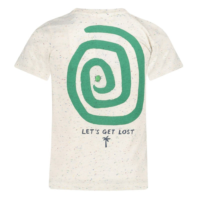 Cooles T-Shirt in offwhite melange mit aufgesetzter Brusttasche und grüner Spirale und Käfer auf der Rückseite