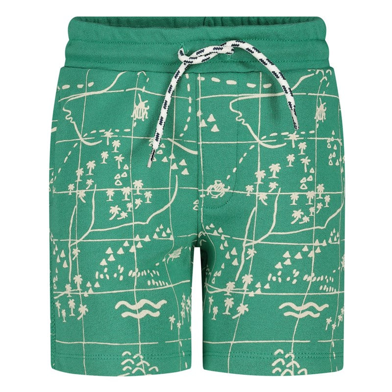 Bequeme Shorts in grün mit Landkarten All Over Druck in weiß aus Bio-Baumwolle
