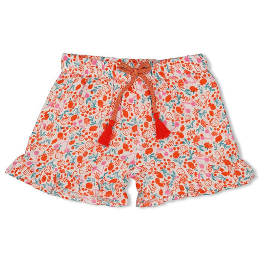 Niedliche Shorts mit All-Over-Print in rot und rosa mit hübschem Kordelzug und Rüschen