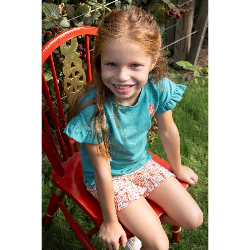 Niedliche Shorts mit All-Over-Print in rot und rosa mit hübschem Kordelzug und Rüschen