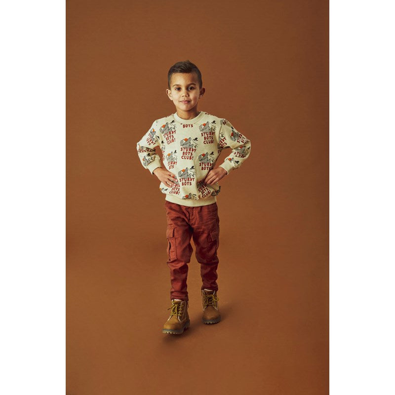 Cooler Pulli mit Bergen in beige für Jungs von Sturdy und die passende Hose in Haselnussbraun