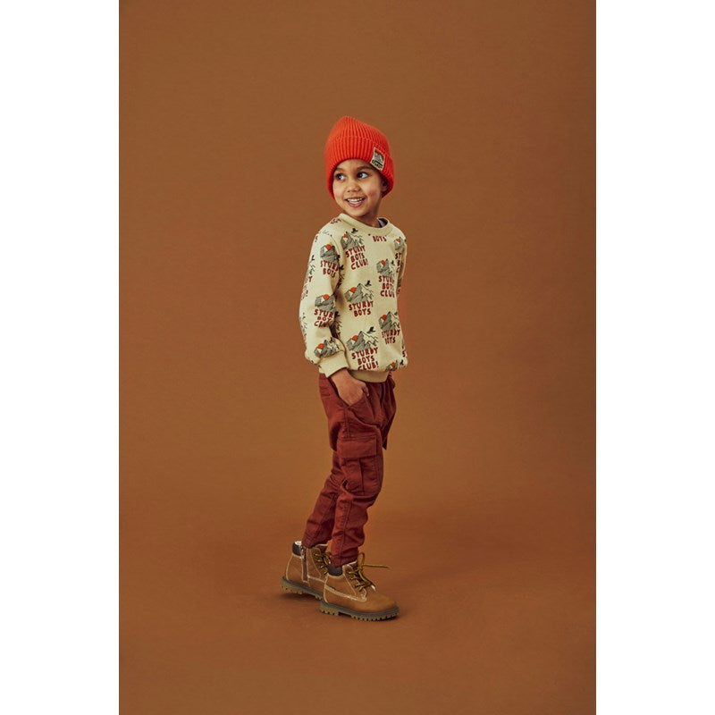 Cooler Pulli mit Bergen in beige für Jungs von Sturdy mit der tollen Hose in Haselnussbraun und der roten Sturdy-Mütze