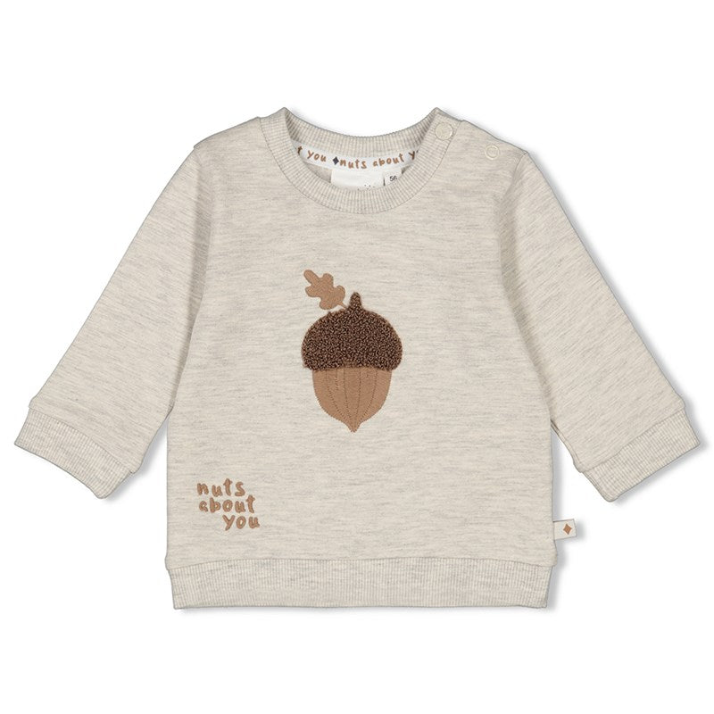 Süßer Sweater in Grau Melange mit aufgenähter Eichel und Schriftzug nuts about you