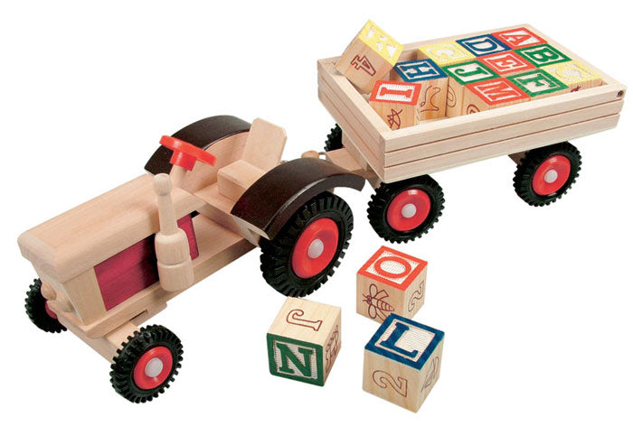 Schöner Holz-Traktor mit Buchstaben-Bausteinen und Anhänger zum Kippen, toller Spielspaß mit Lerneffekt!