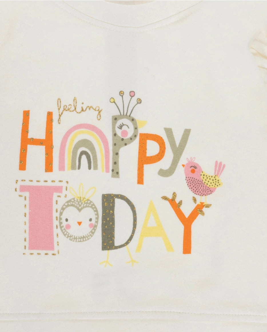 Schöner weißer Pulli für Mädchen mit Rüschen und Schriftzug "feeling happy today"