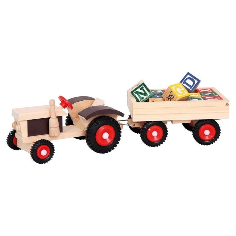 Schöner Holz-Traktor mit Buchstaben-Bausteinen und Anhänger zum Kippen, toller Spielspaß mit Lerneffekt!