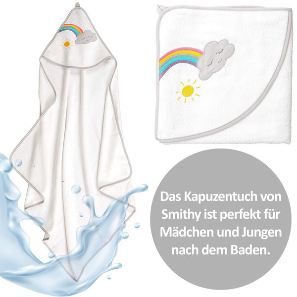 Das kuschelige Kapuzenhandtuch mit dem schönen Regenbogen, der Wolke und der Sonne macht das Abtrocknen nach dem Baden zu einem Vergnügen!