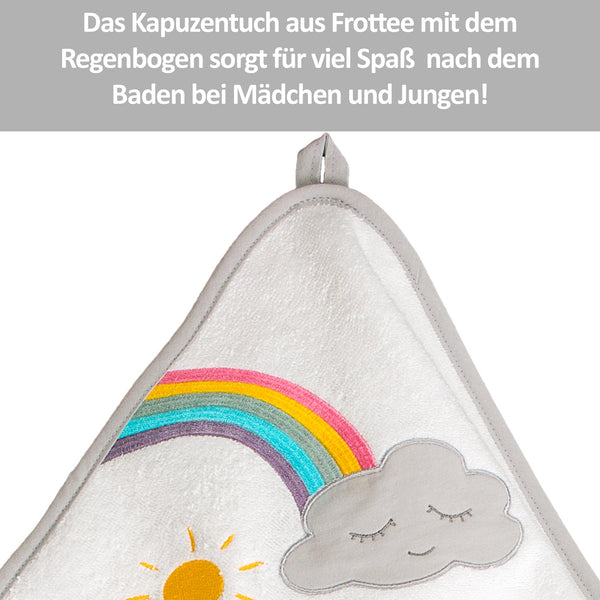 Das kuschelige Kapuzenhandtuch mit dem schönen Regenbogen, der Wolke und der Sonne macht das Abtrocknen nach dem Baden zu einem Vergnügen!