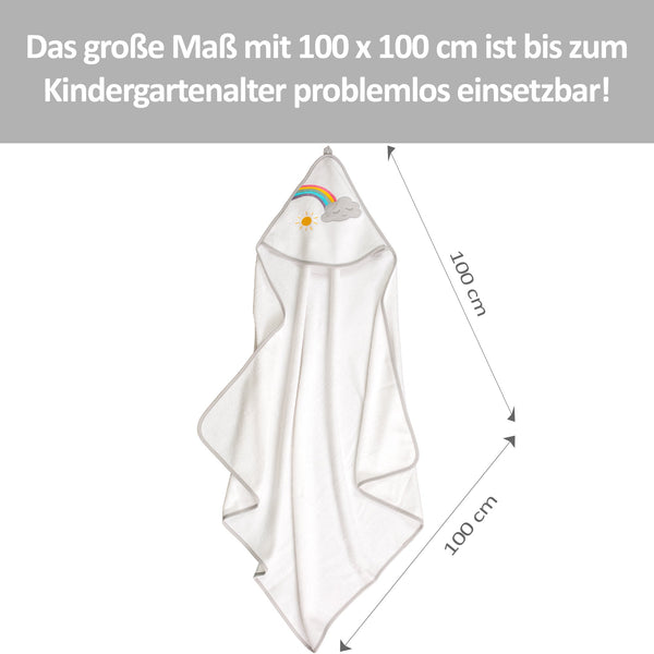Das kuschelige Kapuzenhandtuch mit dem schönen Regenbogen, der Wolke und der Sonne macht das Abtrocknen nach dem Baden zu einem Vergnügen!