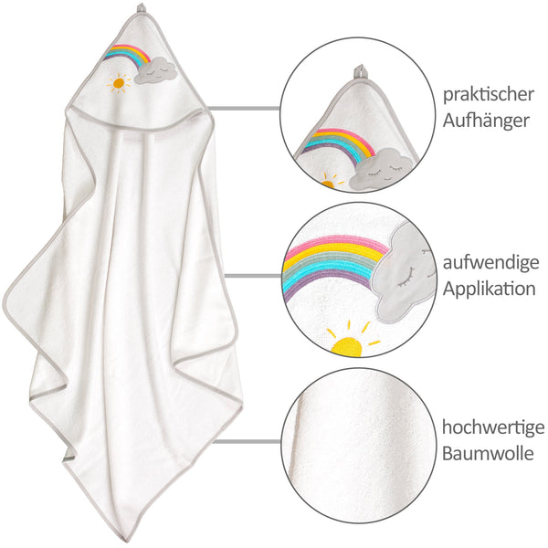 Das kuschelige Kapuzenhandtuch mit dem schönen Regenbogen, der Wolke und der Sonne macht das Abtrocknen nach dem Baden zu einem Vergnügen!