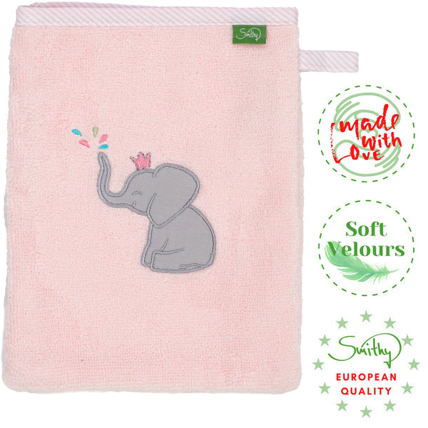 Sehr weicher Premium Waschlappen in rosa mit der niedlichen Elefanten-Prinzessin darauf