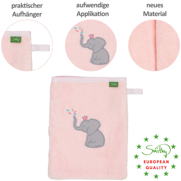 Sehr weicher Premium Waschlappen in rosa mit der niedlichen Elefanten-Prinzessin darauf