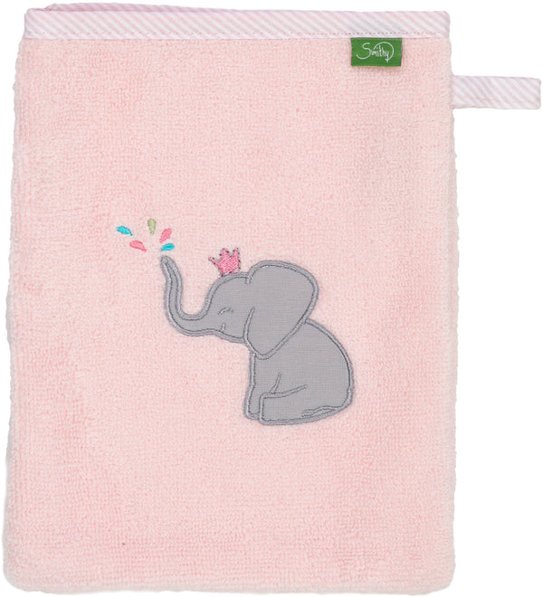 Sehr weicher Premium Waschlappen in rosa mit der niedlichen Elefanten-Prinzessin darauf