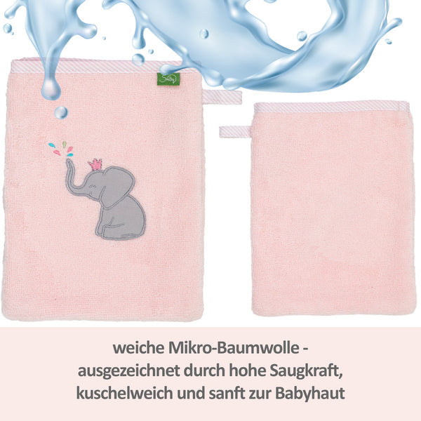 Sehr weicher Premium Waschlappen in rosa mit der niedlichen Elefanten-Prinzessin darauf