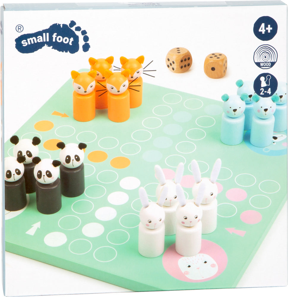 Schönes Mensch ärger dich nicht Spiel aus Holz mit Tierfiguren