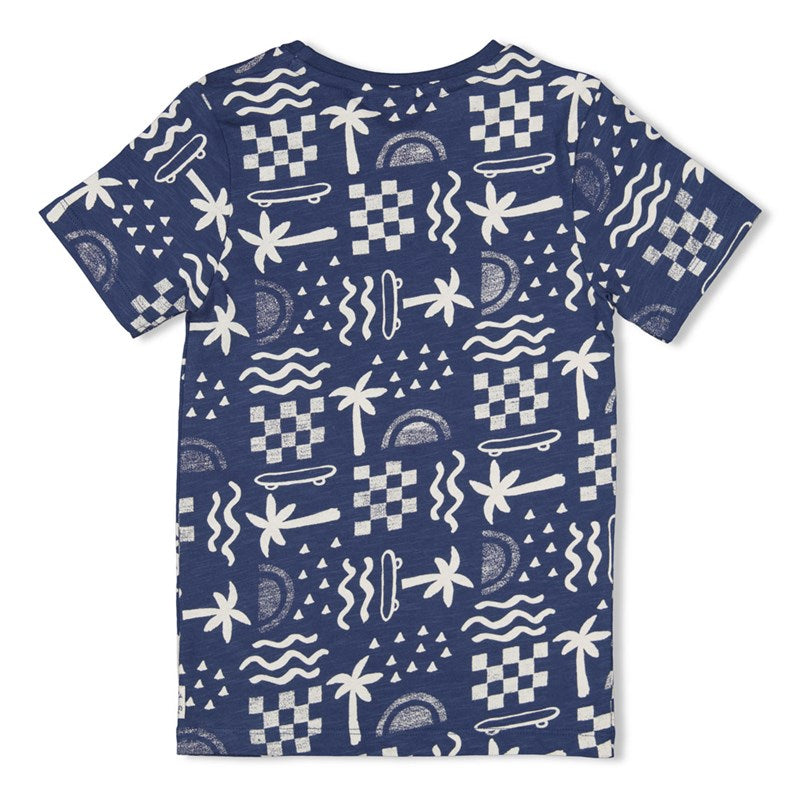Hochwertiges T-Shirt aus Bio-Baumwolle in dunklem blau mit All-Over-Print in offwhite