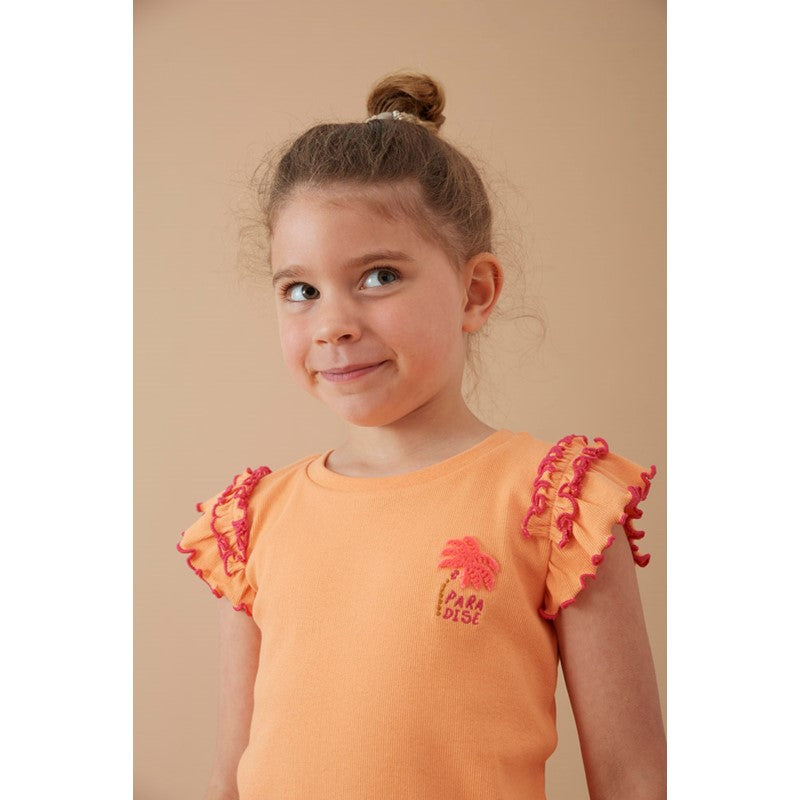 Geripptes T-Shirt aus Bio-Baumwolle mit Rüschen in orange